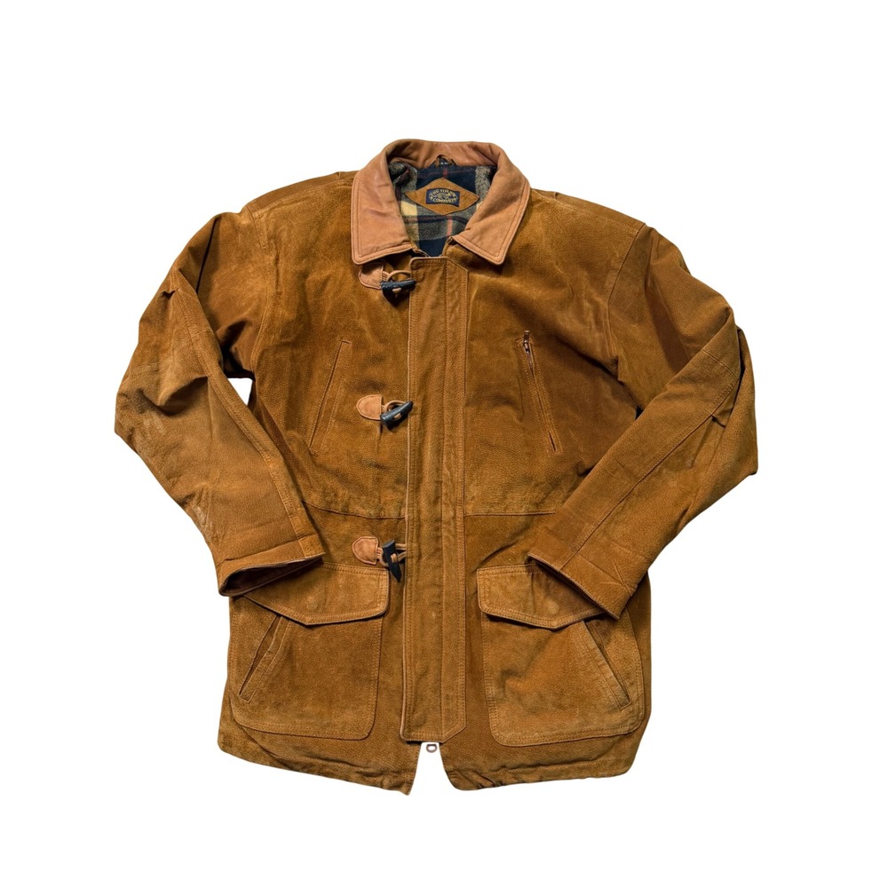 Vintage 90s Fox Bay Genuine Leather Toggle Coat Brown Plaid Lined Barn Jacket